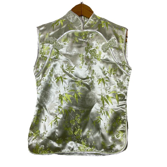 Chinese Asian Floral Print Silky Sleeveless Blouse tank womens Medium Green - Picture 1 of 12